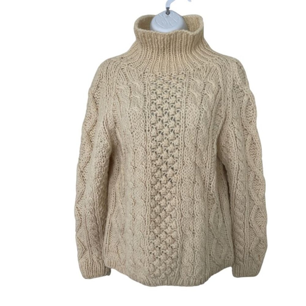 VTG Bloomingdale's Women Hand Knit Wool Aran Fisherman Sweater Sz M Cream